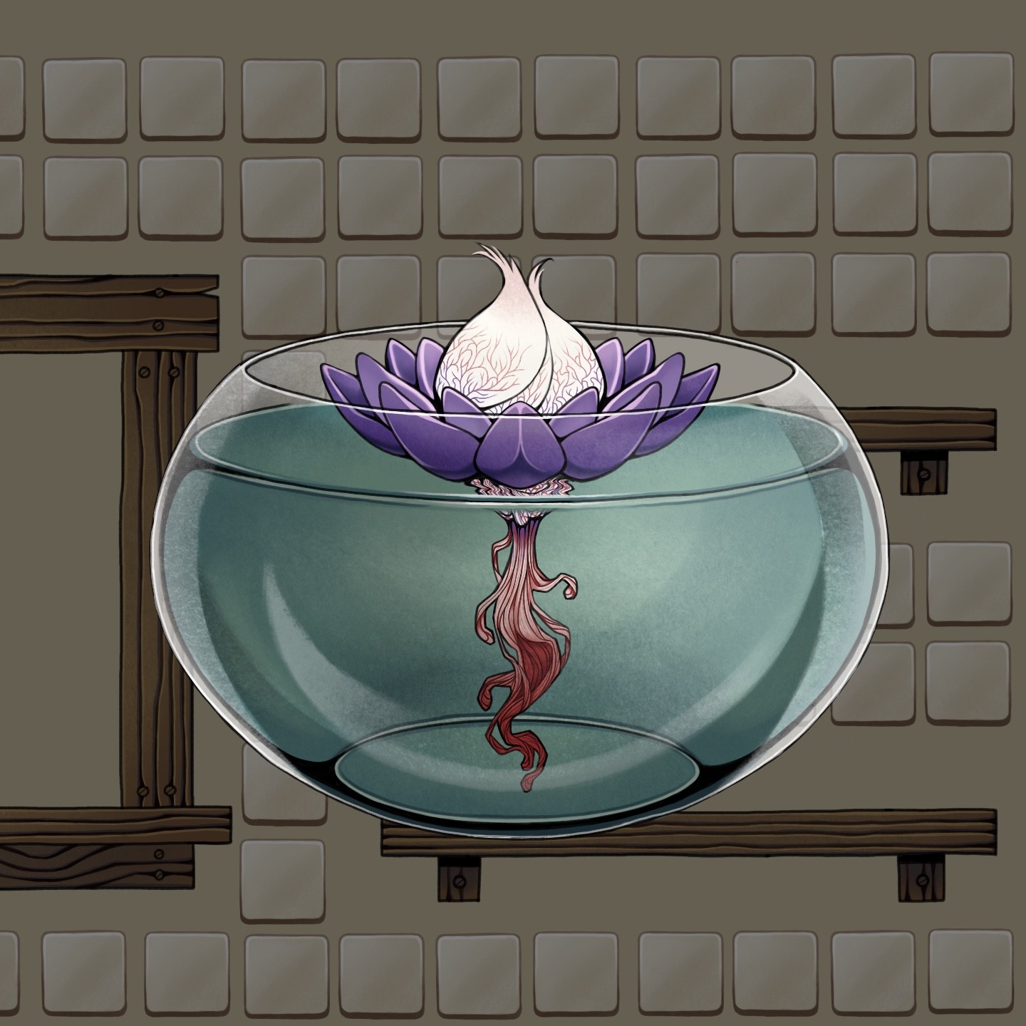Blood lotus - a white closed bulb with red spots surrounded by purple petals with blood red roots, floating in a round fishbowl