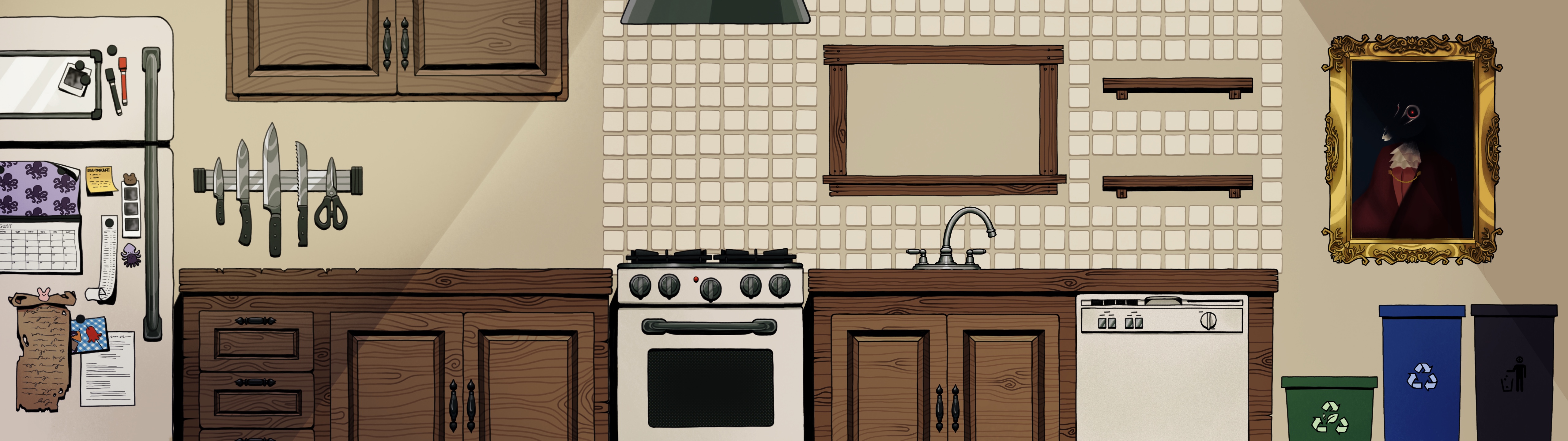 Untitled game kitchen background - an otherwise normal kitchen with a painting of Rutherford semi-concealed in shadow